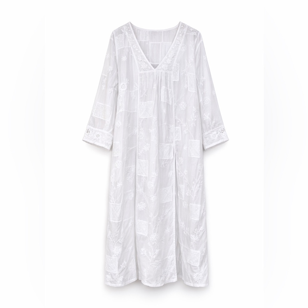 Sundance Swim Embroidered Cover Up Dress White Cotton Maxi Beaded Long Boho
